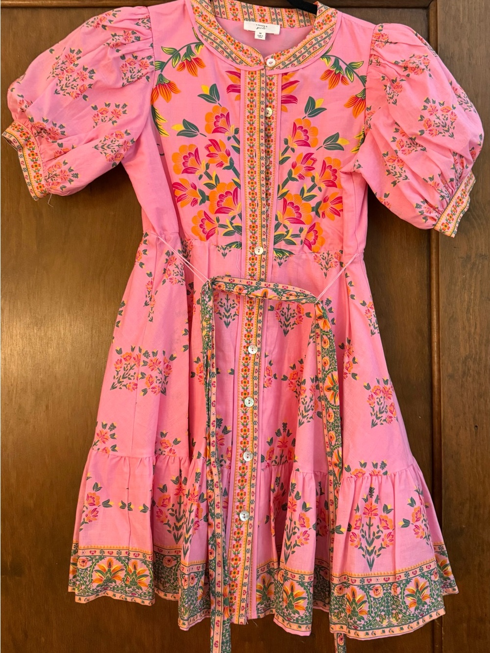 Girls Pink Floral Button-Front Dress with Tie Waist